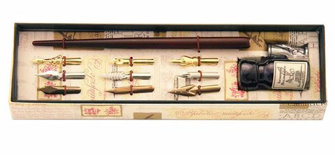 Wood Pen, 9 Nibs & Ink Pewter Set